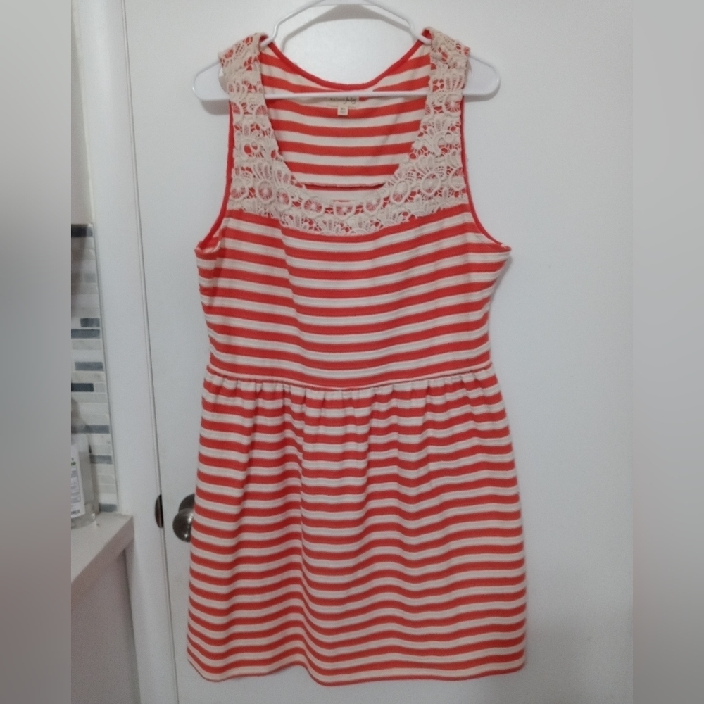 Maison Jules Sleeveless Textured ribbed Orange White Striped Dress w lace XL